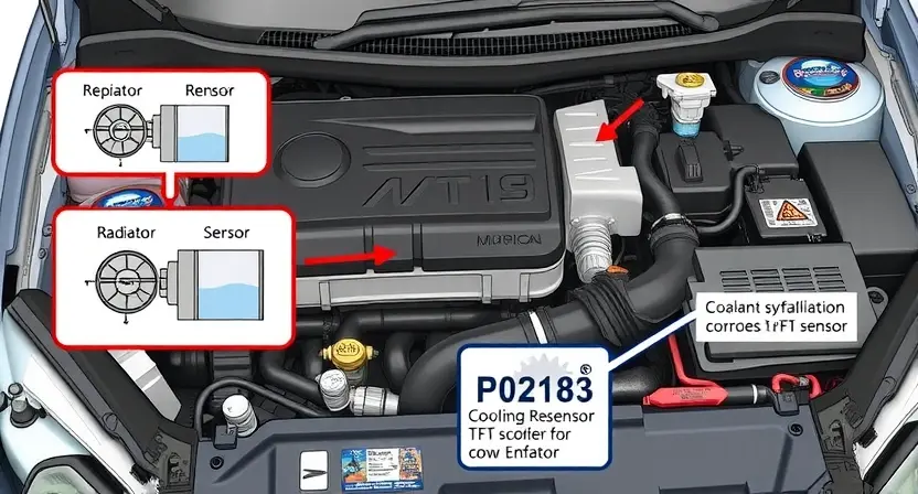 A detailed illustration of a car's engine bay, focusing on the cooling system and TFT sensor. Include diagrams showing the location of the P0218 error code indicator, the coolant reservoir, radiator, and the TFT sensor. Use arrows to highlight the relevant components and potential issues. The image should be informative and visually clear, suitable for a repair manual or online tutorial.