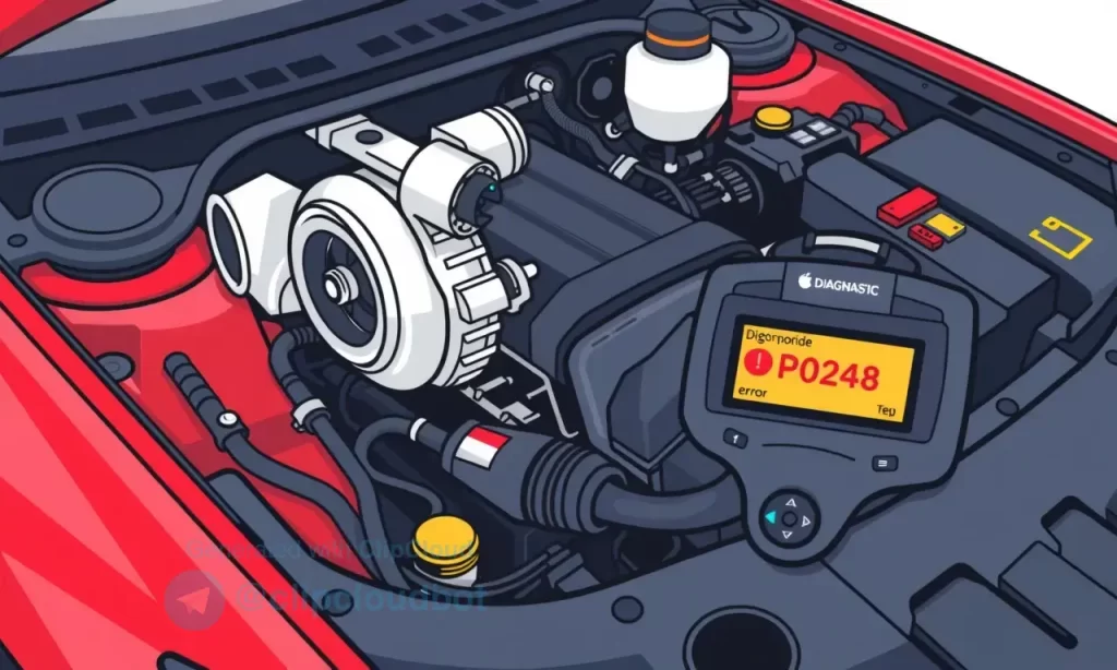 A car engine bay with a turbocharger and diagnostic scanner showing error code P0248, clean mechanical environment, technical illustration style