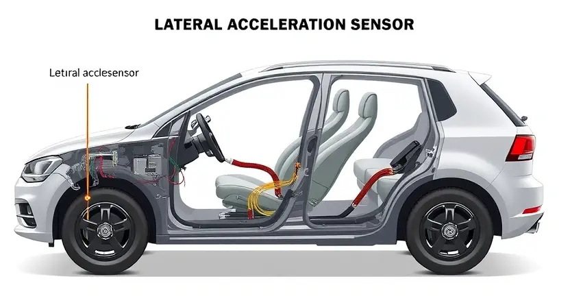A detailed illustration of a car's internal system, highlighting the lateral acceleration sensor. The sensor should be clearly visible, connected to wiring, and positioned within the vehicle's chassis. Focus on the sensor's physical appearance and its integration into the car's electronics. Include subtle visual cues indicating data flow and signal processing.