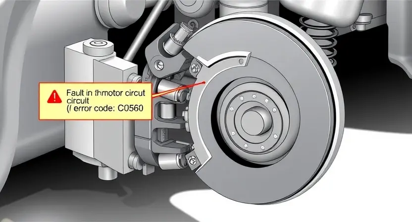 A high-quality technical illustration showing a car's handbrake mechanism with a highlighted fault in the motor circuit, including visible error code C0560, clean background, no text or letters on the image
