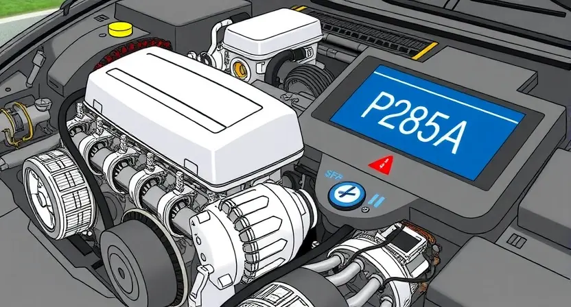 A detailed illustration of a car engine with a highlighted P285A error code displayed on a digital dashboard. The engine should be realistically rendered, showcasing various components like pistons, valves, and belts. The dashboard should be modern and clearly show the error code in a prominent font. The background should be a slightly blurred image of a road.