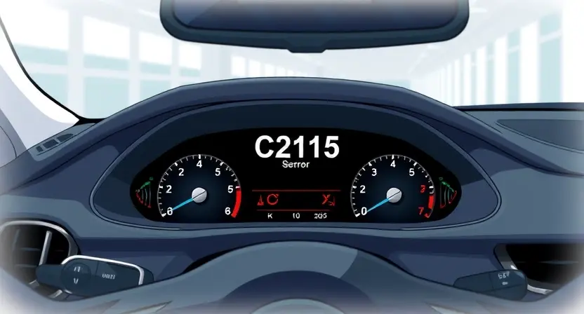 A detailed illustration depicting a car dashboard with a prominent error message 'C2115' displayed on the infotainment screen. The dashboard should also show visual indicators of potential vehicle issues, such as warning lights. The background should be a slightly blurred image of a modern car interior.