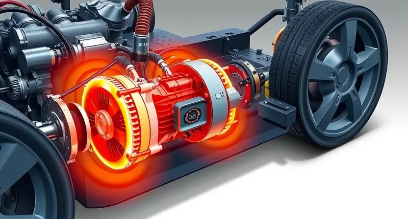 A detailed illustration of a hybrid car's powertrain, highlighting the MG1 and MG2 motor-generators. Show the motors connected to the wheels and the engine, with visual cues indicating heat buildup (e.g., subtle glowing effects, heat waves). Focus on the internal components of the motors, showcasing their structure and how they interact. The overall composition should emphasize the heat generation process within the motor-generator system.