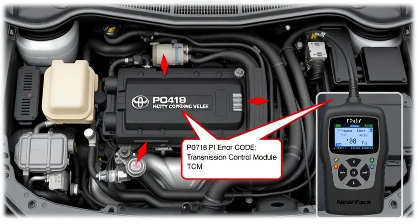A detailed illustration of a car's engine control unit (ECU) with various sensors and wiring, highlighting the P0718 error code related to the transmission control module (TCM). Focus on the diagnostic tools used to identify the issue.