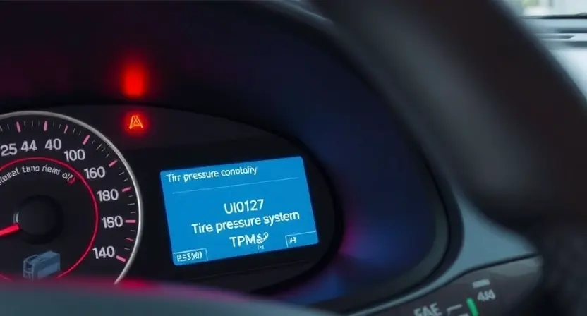 A close-up illustration of a car's dashboard with a warning light illuminated, specifically indicating a tire pressure monitoring system (TPMS) issue. The focus should be on the dashboard display showing the error code 'U0127' and a symbol related to tire pressure. The car interior should be clean and modern.