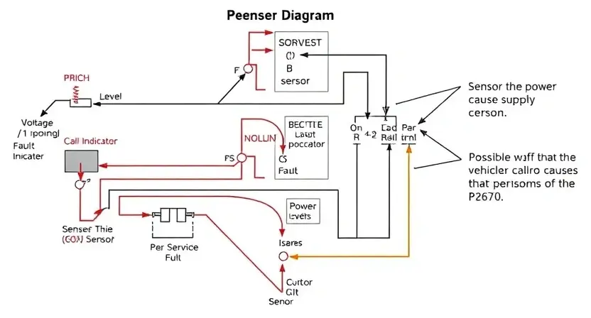 A detailed schematic diagram of an automotive sensor circuit, specifically highlighting the 'B' sensor and the power supply chain. Include visual representations of voltage levels, potential fault indicators, and possible causes of the P2670 error. The diagram should be clean, well-labeled, and illustrate the connection between the sensor and the vehicle's control unit.
