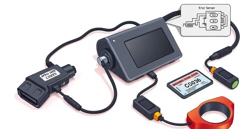 A high-quality technical illustration showing a car's speed sensor connected to an OBD-II scanner, with a warning sign indicating error code C0036, surrounded by diagnostic tools and circuit diagrams, clean white background, professional automotive repair style
