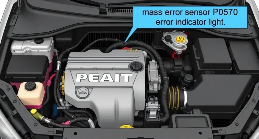 A detailed illustration of a car's engine bay, highlighting the P0570 error code indicator light. The engine should be partially disassembled to show relevant components like the mass airflow sensor and related wiring. Focus on clarity and technical accuracy.
