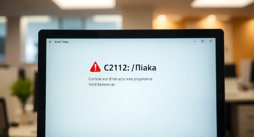 A computer screen displaying an error message "C2112: Ошибка" with a red exclamation mark. The background should be a blurred office environment.