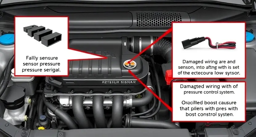 A detailed illustration of an automotive engine bay, focusing on the area around the boost pressure sensor. Include visual representations of the sensor itself, wiring, and potential causes of a low signal, such as a faulty sensor, damaged wiring, or a problem with the pressure control system. The image should convey a sense of technical detail and precision.