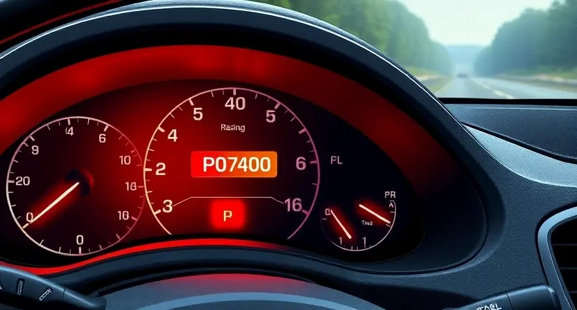 A detailed illustration of a car's dashboard with the check engine light illuminated, highlighting the P0700 code displayed on the instrument cluster. The background should be a slightly blurred image of a road.