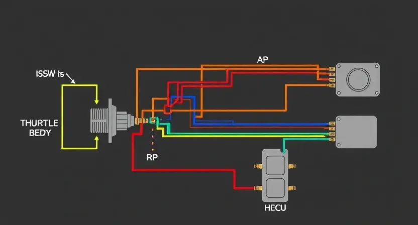 A detailed diagram of a car's throttle position sensor circuit. The diagram should clearly show the sensor itself, wiring connections, the engine control unit (ECU), and relevant components like the throttle body. Use color-coding to differentiate wires and components. Focus on the physical layout and connections, not on abstract representations.