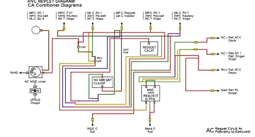 A detailed schematic diagram of a car's HVAC (Heating, Ventilation, and Air Conditioning) system, highlighting the request circuit and potential points of failure. Focus on the wiring and components involved in the AC request process. The diagram should be clean, well-organized, and easy to understand, with clear labels for each part.