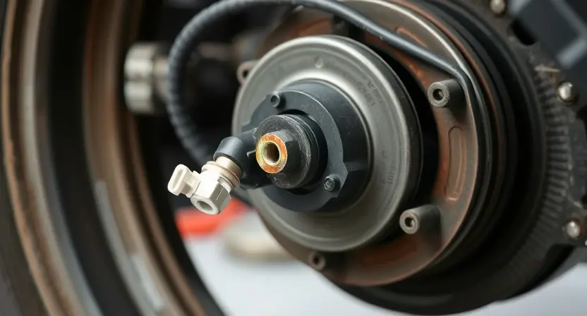 A close-up, detailed image of a car's front left wheel hub assembly. The focus should be on the wheel speed sensor and its wiring. Show the sensor connected to the hub, with visible wires leading towards the car's chassis. The background should be blurred, suggesting a garage or workshop environment. The image should convey a sense of technical inspection and potential repair.