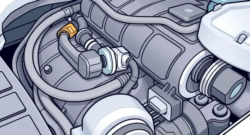 A close-up, detailed illustration of a car engine bay, focusing on the coolant temperature sensor. The sensor should be clearly visible, along with the surrounding hoses and wiring. The overall scene should convey a sense of automotive diagnostics and technical inspection. The engine should appear clean and well-maintained. Focus on the sensor's physical appearance and its connection to the engine.