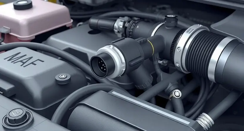 A close-up, detailed illustration of a car's engine bay. Focus on the mass airflow sensor (MAF sensor) and its surrounding components. The image should clearly depict the sensor's location and connection points. Use realistic textures and lighting to showcase the engine's parts.