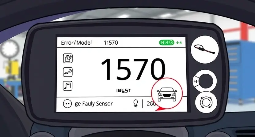 A detailed illustration of an automotive diagnostic interface displaying error code P1570. The interface should show the error code prominently, along with relevant vehicle information (make, model, year). Include visual representations of potential causes, such as a faulty sensor or wiring issue, but keep them abstract and illustrative. The background should be a clean, professional automotive workshop environment.