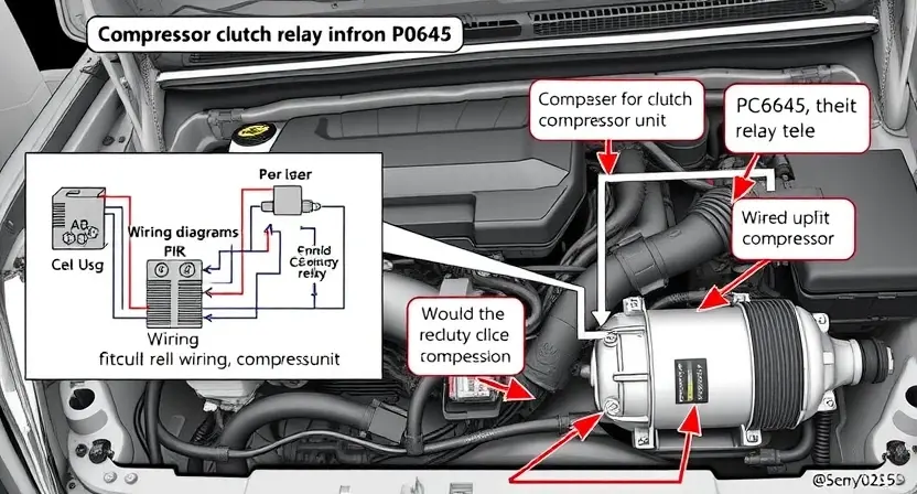 A detailed illustration of a car engine bay, focusing on the compressor clutch relay circuit. Include wiring diagrams, the relay itself, and the compressor unit. The image should clearly show the components involved in the P0645 error code.