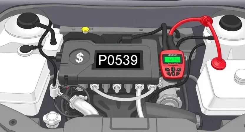 A detailed illustration of a car's engine bay with a diagnostic code reader displaying "P0539". Focus on the engine components, wiring, and the code reader. The image should be clean and informative, highlighting the code's location within the engine.
