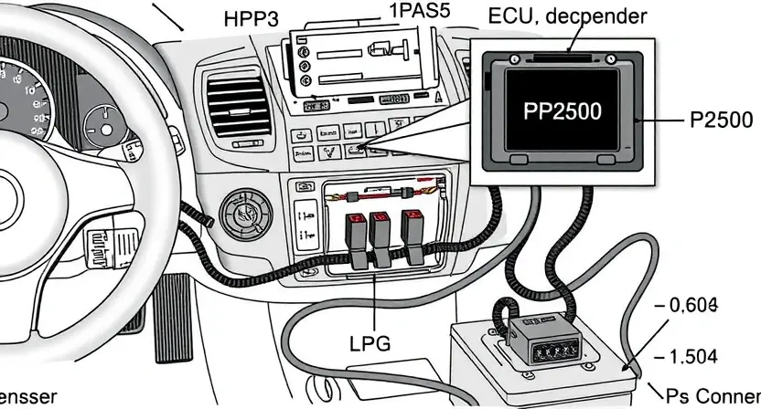 A detailed illustration of an automotive electrical system with a focus on the engine control unit (ECU) and wiring harness. Highlight the P2500 error code indicator on a dashboard. Show various sensors and components connected to the ECU.