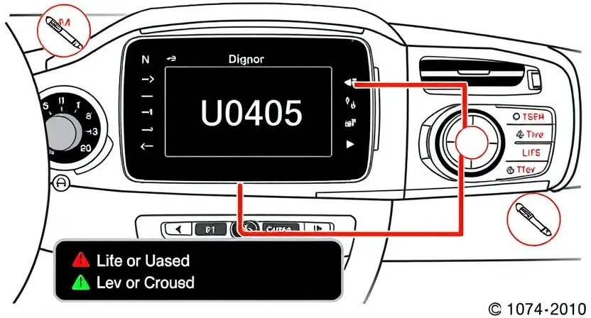 A detailed technical illustration showing a car's cruise control system with visible error code U0405 displayed on a diagnostic screen, including symbols of malfunction like warning lights and error indicators, clean technical diagram style