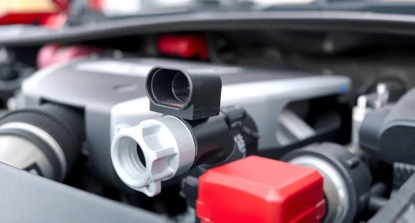 A close-up shot of a car's engine bay, focusing on the mass airflow sensor. The sensor should be clearly visible, with surrounding engine components blurred in the background. The overall lighting should be bright and clean, highlighting the sensor's details.