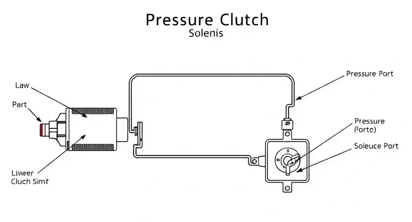 A detailed diagram illustrating a pressure clutch solenoid and its components. The diagram should show the solenoid, its wiring connections, and the pressure port. Include labels for each part. The background should be clean and white.