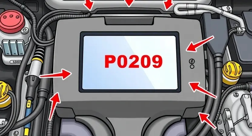 A detailed illustration of an engine control unit (ECU) with a highlighted P0209 error code displayed on a screen. The image should show various engine components like intake manifold, fuel injectors, and sensors, with arrows indicating the flow of data to the ECU. Focus on clarity and technical accuracy.