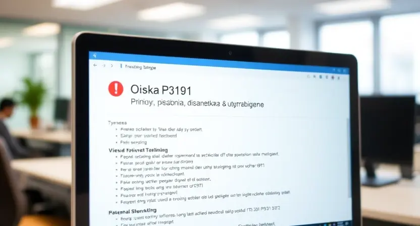 A computer screen displaying an error message "Ошибка P3191: причины, диагностика и устранение". The screen should show technical details and potentially some troubleshooting steps. The background should be a blurred office environment.