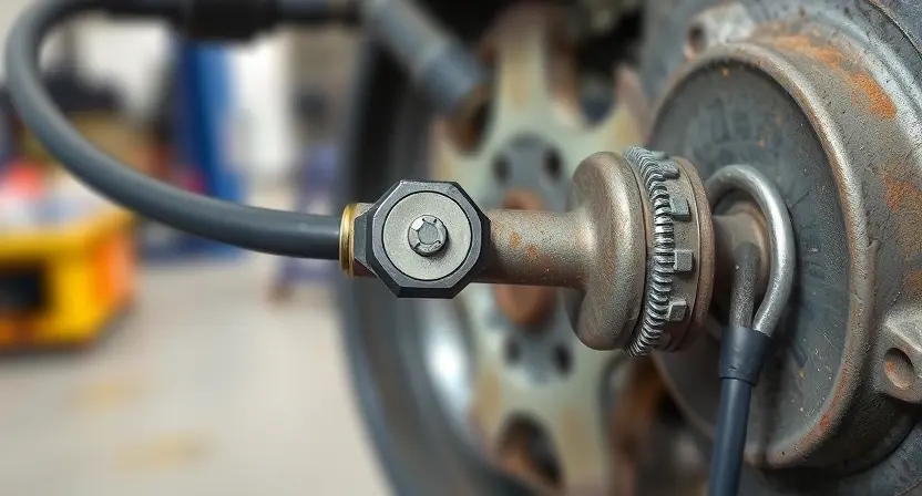 A close-up illustration of a car's parking brake cable tension sensor showing signs of malfunction, with visible wear, fraying, or corrosion on the cable and sensor housing, set against a blurred automotive workshop background, emphasizing mechanical detail and diagnostic context