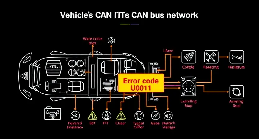 A technical illustration showing a vehicle's CAN bus network with a highlighted error code U0011, including symbols like warning lights, diagnostic tools, and wiring diagrams, rendered in a clean, high-quality technical style