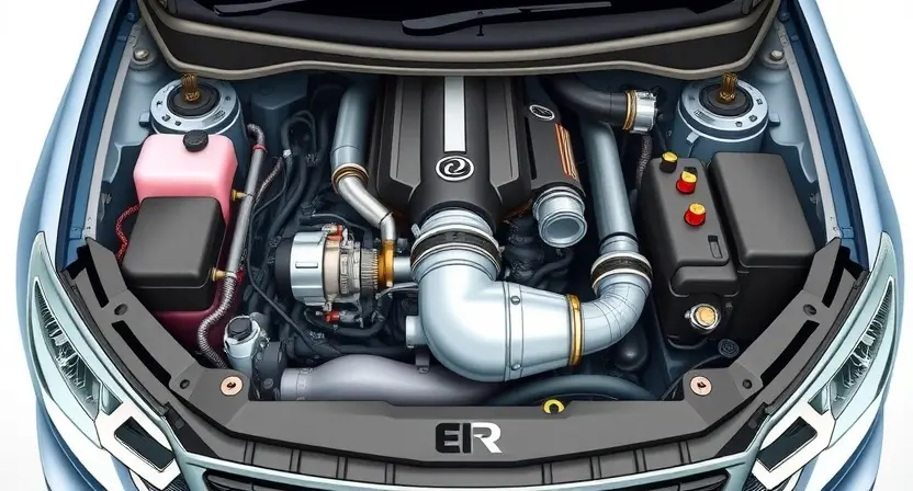 A detailed illustration of a car engine bay, highlighting the EGR valve and related components. The image should clearly show the valve's position, connections to other engine parts, and potentially a visual representation of exhaust gas flow. Focus on the mechanical aspects and the valve's internal structure.