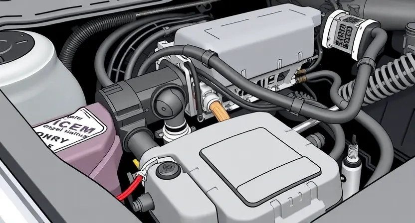 A close-up, detailed illustration of a modern car's engine bay. Focus on the sensor related to the 'sensor range mismatch' error (P2121). The sensor should be clearly visible, along with surrounding engine components like hoses, wires, and the engine block. The lighting should be bright and even, highlighting the details of the sensor and its connections. The overall composition should be clean and professional, suitable for a technical manual or repair guide.