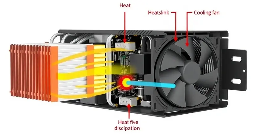 A detailed diagram of an inverter module, highlighting the key components like the heatsink, cooling fan, and internal circuitry. Show heat dissipation visually, perhaps with subtle heat waves or color gradients indicating temperature differences. Focus on the physical arrangement and relationship between these components.