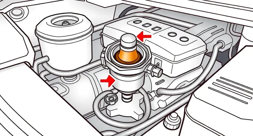 A high-quality technical illustration showing a fuel pressure regulator in a vehicle engine compartment, with clear visual indicators of a malfunction like warning lights or error symbols, clean background, professional technical drawing style