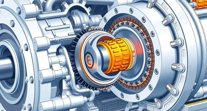 A detailed, high-resolution illustration of a transmission system with a close-up focus on a friction element (E). The illustration should depict the internal components of the transmission, highlighting the friction element's role in power transfer. Include visual cues indicating potential wear or damage to the friction element. The background should be a clean, technical environment.