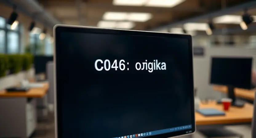 A computer screen displaying an error message "C0046: ошибка". The background should be a blurred office environment.