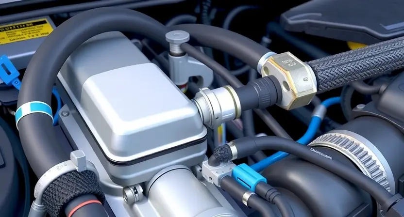 A close-up, detailed illustration of a car engine bay with a focus on the engine coolant temperature sensor. The sensor should be clearly visible, along with surrounding hoses and components. The overall lighting should be bright and clean, highlighting the mechanical details.