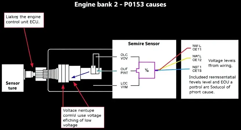 A detailed schematic diagram of an automotive engine bank 2 system, focusing on the sensor circuit related to P0163 error code. The diagram should clearly show the sensor, wiring, and associated components like the engine control unit (ECU). Include visual representations of voltage levels and potential causes of low voltage.