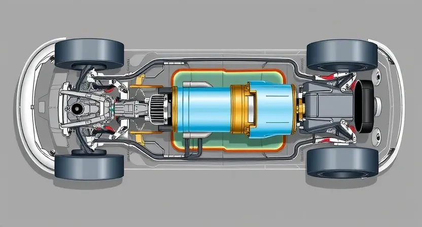 A detailed illustration of a hybrid car's powertrain, highlighting the MG1 motor and its connection to the engine, battery, and wheels. Focus on the mechanical components and their arrangement within the vehicle's undercarriage. Use clear visual cues to indicate the flow of power and energy.