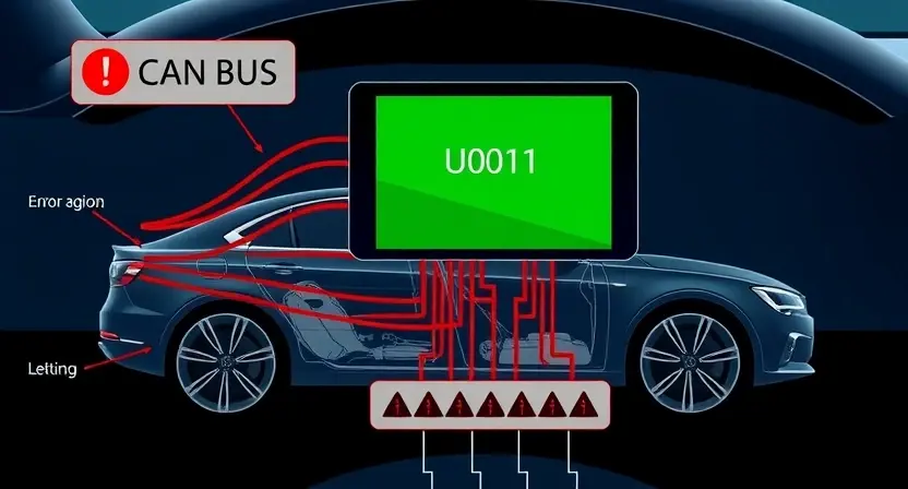 A technical illustration showing a car's CAN bus system with error code U0011 displayed on a diagnostic screen, high-quality technical diagram with clean lines and professional color scheme