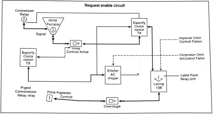 A detailed schematic diagram of a car's HVAC (Heating, Ventilation, and Air Conditioning) system, highlighting the request enable circuit and potential points of failure. Focus on wiring connections, relays, and the control unit. The diagram should be clean, well-organized, and easy to understand, illustrating the flow of signals related to the AC compressor activation. Include labels for key components like the compressor clutch, relay, and control module.