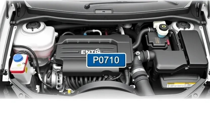 A detailed illustration of a car's engine bay with various components clearly visible, highlighting the location of the P0710 diagnostic code indicator. Focus on the dashboard and the instrument cluster displaying the code.