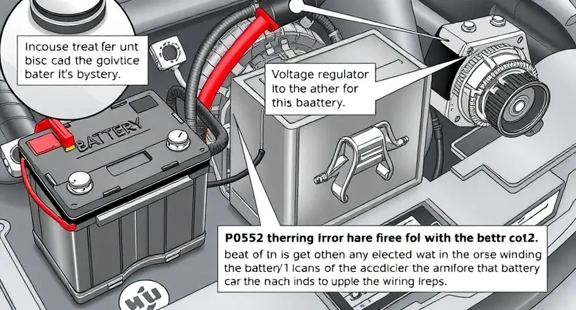 A detailed illustration of a car's electrical system with a focus on the battery, alternator, and wiring harness. Highlight the voltage regulator and its connection to the battery. Include a visual representation of the P0562 error code and its potential causes.