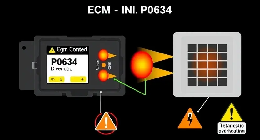 A technical diagram showing an engine control module (ECM) with thermal overload indicators, heat dissipation patterns, and warning symbols, representing diagnostic code P0634 related to module overheating, in a clean, professional automotive context