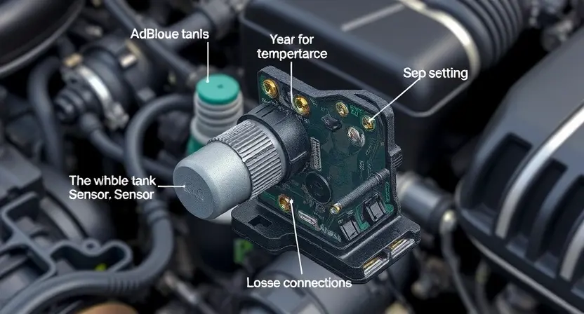 A close-up, detailed illustration of a car's AdBlue tank temperature sensor circuit board. Focus on the wiring connections, the sensor itself, and any potential points of failure like corrosion or loose connections. The background should be a slightly blurred view of the engine compartment.