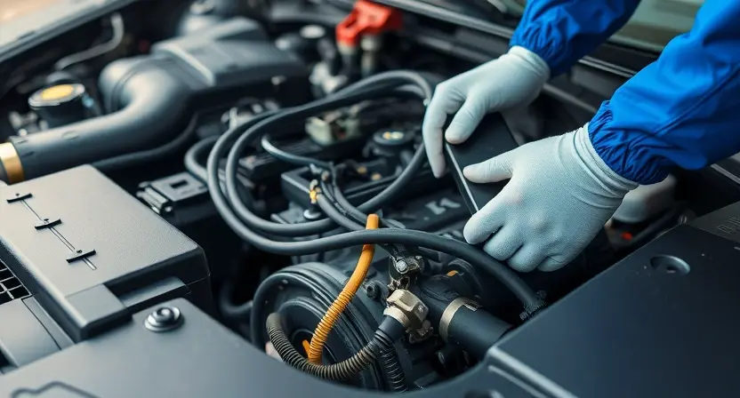 A close-up shot of a car engine bay with a mechanic inspecting the engine. Focus on the engine's components and wiring harness. The mechanic is wearing gloves and is using a diagnostic tool. The overall lighting should be bright and clean, highlighting the details of the engine.