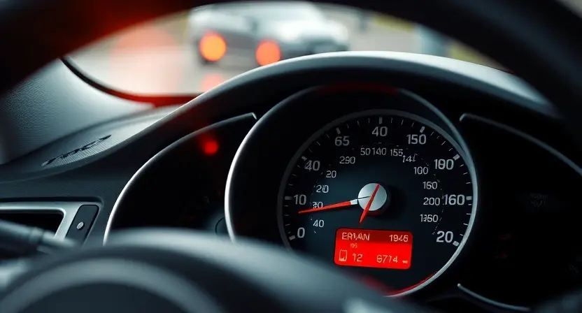A close-up of a car's dashboard, focusing on the instrument cluster. The instrument cluster should display a warning light related to the steering system. The overall scene should be well-lit and realistic, showing the details of the dashboard and the warning indicator.