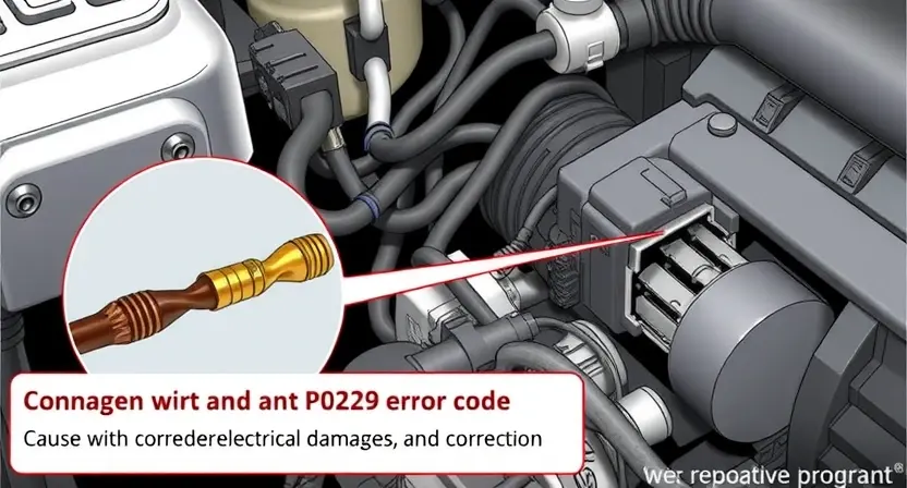 A detailed illustration of an automotive engine bay, focusing on wiring and connectors. Show a close-up of a damaged wire and corroded connector, highlighting the potential cause of a P0229 error code. Include visual cues representing electrical damage and corrosion.