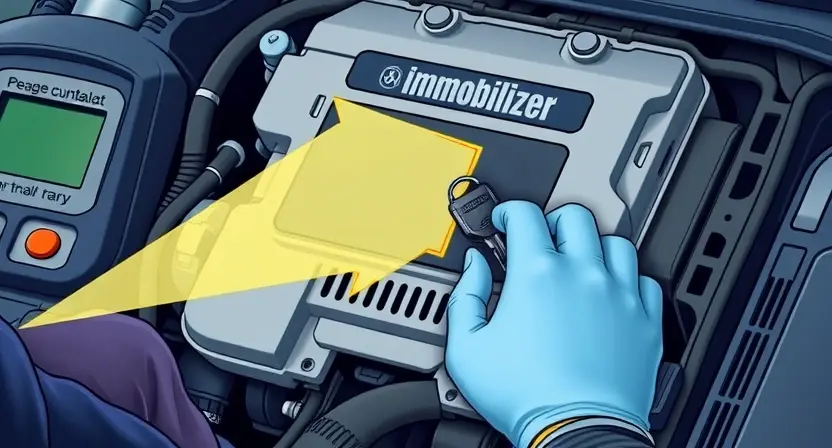 A detailed illustration of a car's engine control unit (ECU) with a highlighted area indicating the immobilizer system. The ECU should be surrounded by diagnostic tools and a technician's hands working on a key. The background should be a workshop environment.